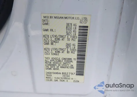 2017 Nissan Nv Cargo Nv1500 Sv V6 z USA, uszkodzony, nr VIN 1N6BF0KM8HN802797